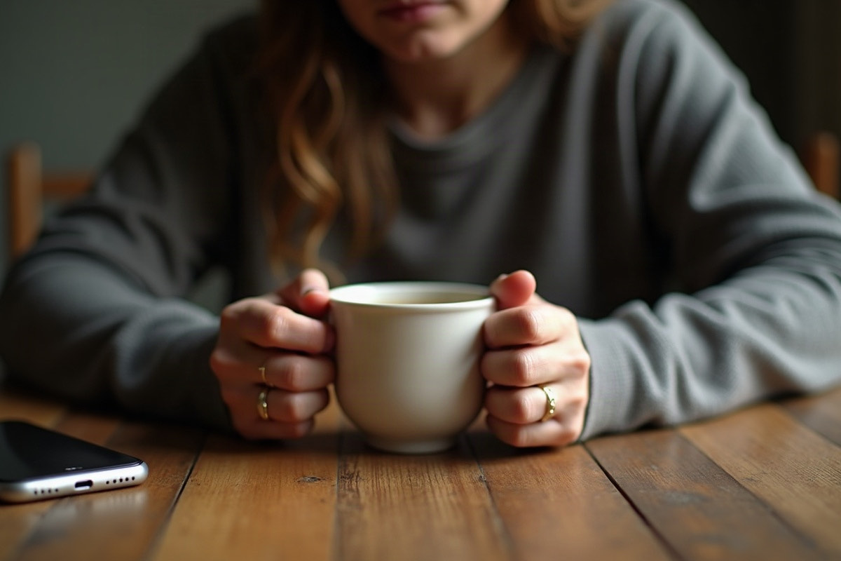A woman's hands holding a half-empty mug at a kitchen table, wedding ring visible, phone face-down nearby, soft natural light.