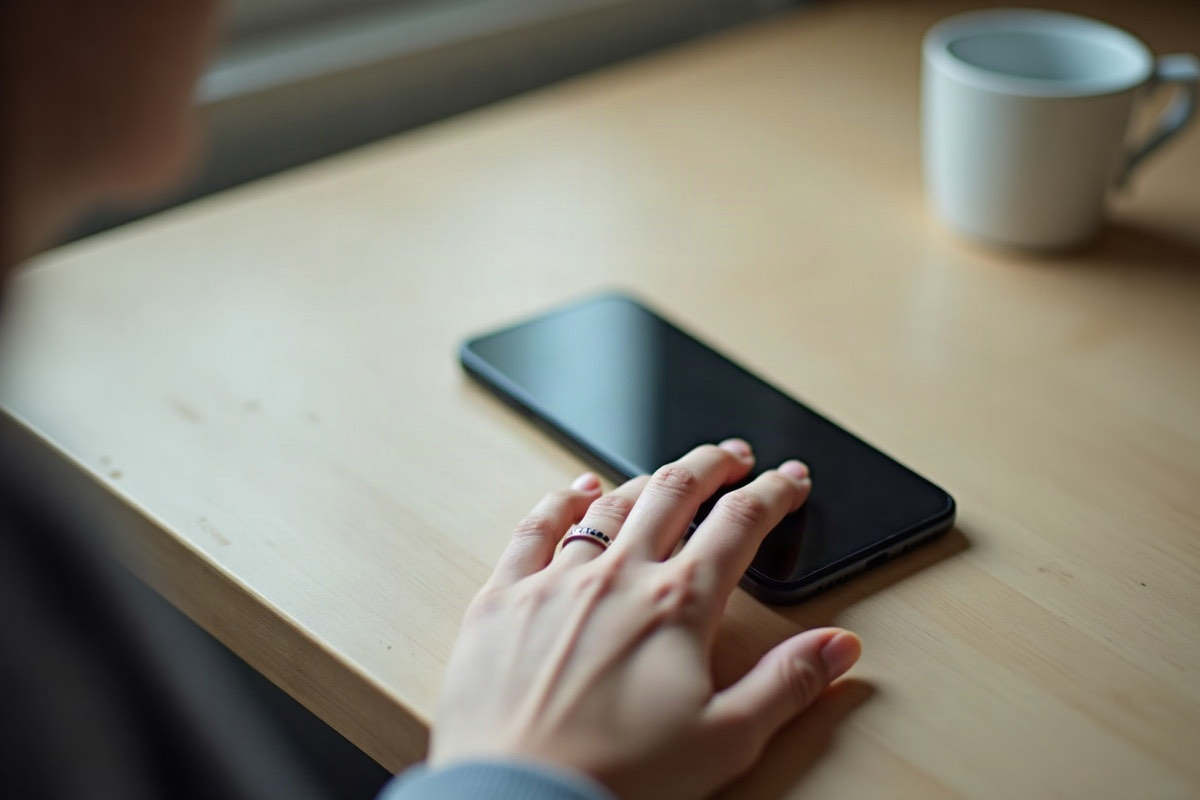 A woman's hand with a wedding ring rests on a wooden kitchen counter next to a dark mobile phone screen, photographed in natural light.