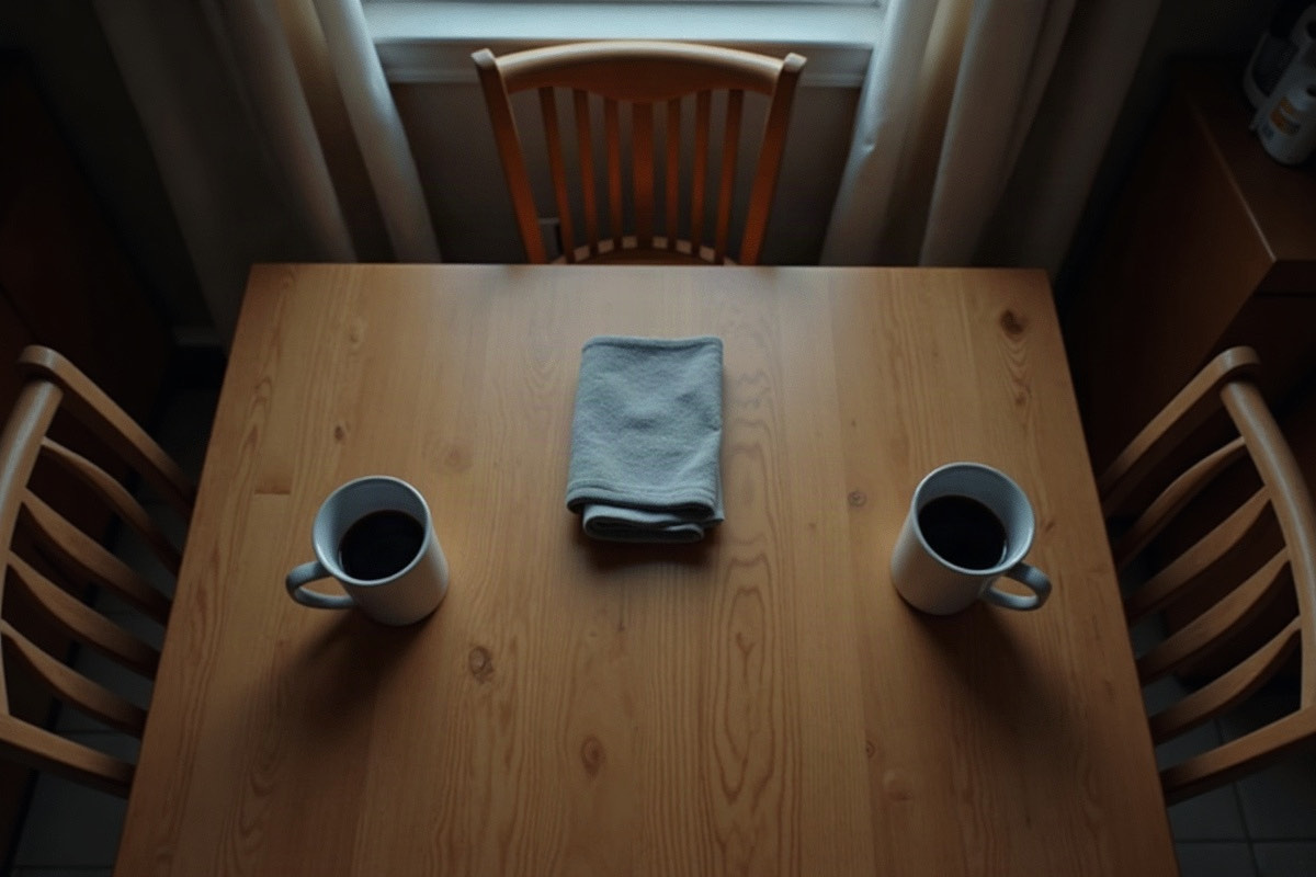 An overhead view of a kitchen table at dusk with two coffee mugs at opposite ends, one chair pulled back, the other tucked in, and a folded towel between them.